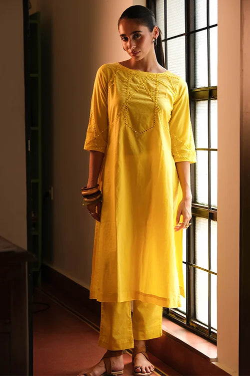 Okhai "Sunline" Hand-Embroidered Mirrorwork Pure Cotton Kurta Pant Set