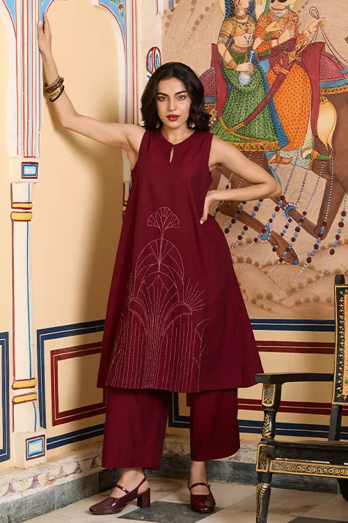 Okhai "Caroline" Hand Embroidery and Beadwork Pure Cotton Sleeveless Kurta Pant set