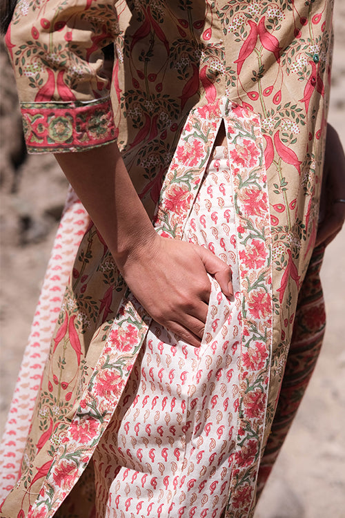 Okhai "Nagma" Handblock Printed Mirrorwork Kurta Pant Set