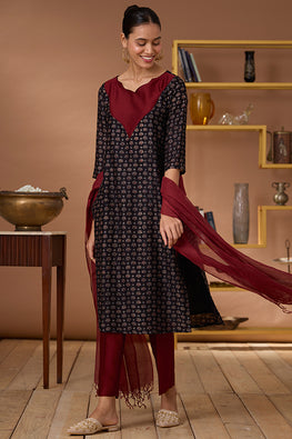 Ruby Armour Embroidered Ajrakh Kurta Pant Set With Dupatta Online