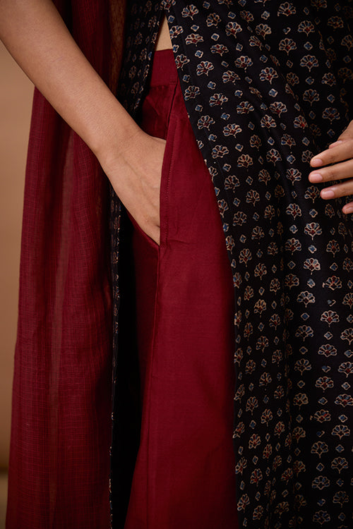Okhai "Ruby Armour" Hand Embroidered Beadwork Handblock Printed Chanderi Silk Ajrakh Kurta Pant Set with Dupatta