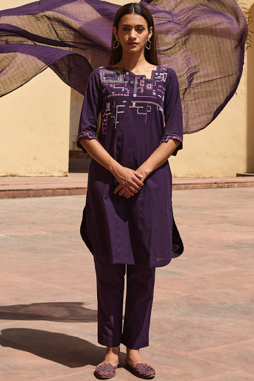 Mohenjo Daro Cotton Embroidered Kurta Pant Set With Dupatta Online