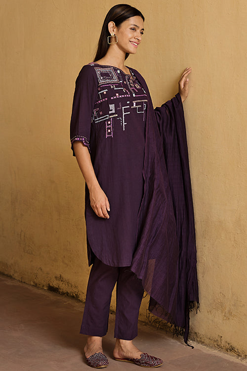 Okhai "Mohenjo Daro" Hand Embroidered Mirror and Beadwork Pure Cotton Kurta Pant Set with Dupatta