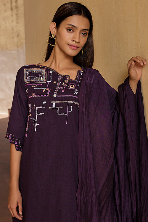 Okhai "Mohenjo Daro" Hand Embroidered Mirror and Beadwork Pure Cotton Kurta Pant Set with Dupatta