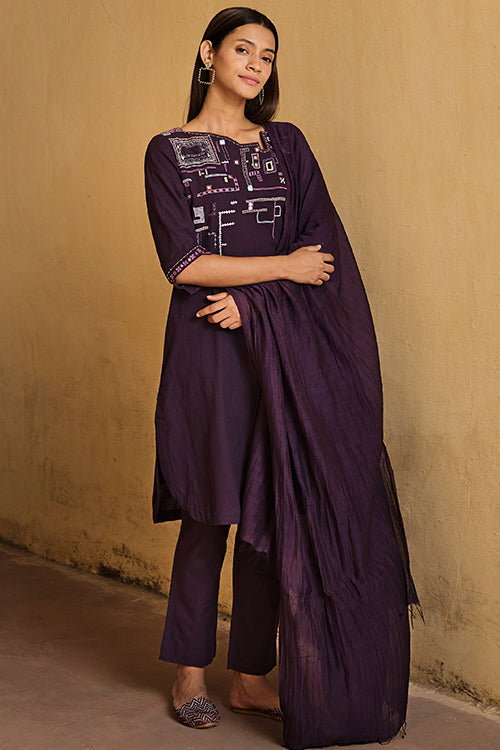 Okhai "Mohenjo Daro" Hand Embroidered Mirror and Beadwork Pure Cotton Kurta Pant Set with Dupatta