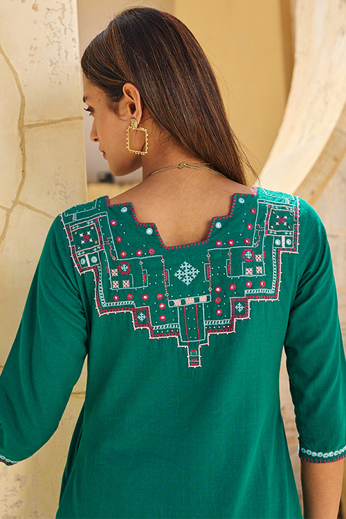 Okhai "Navratan" Hand Embroidered Mirror and Beadwork Pure Cotton Kurta-Pant Set with Dupatta