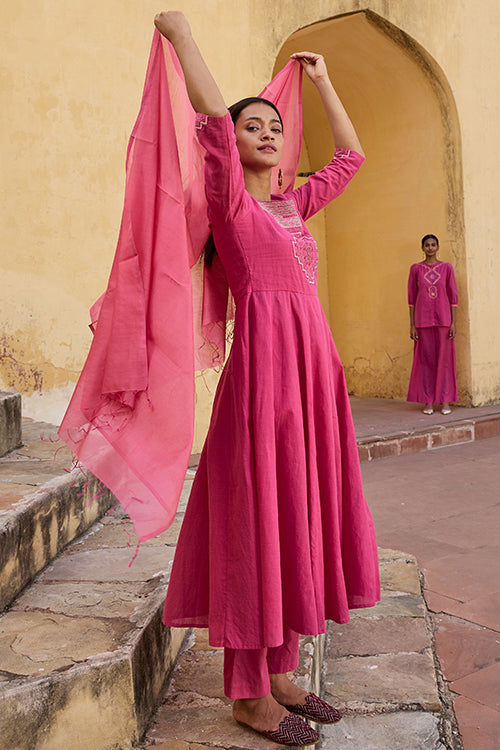 Okhai "Sundial" Hand Embroidered Mirror and Beadwork Pure Cotton Kurta Pant set with Dupatta