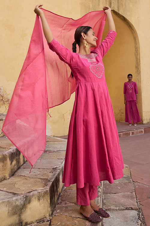 Okhai "Sundial" Hand Embroidered Mirror and Beadwork Pure Cotton Kurta Pant set with Dupatta