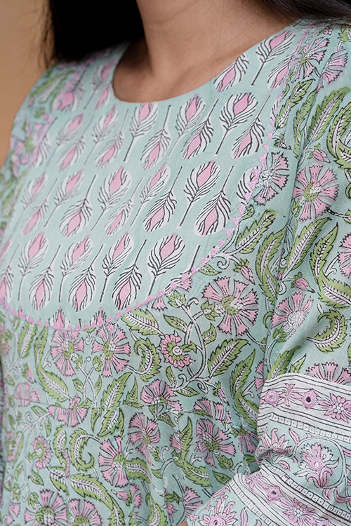 Okhai "Ocean Mist" Hand Embroidered and Mirrorwork Handblock Printed Pure Cotton Kurta Pant Set