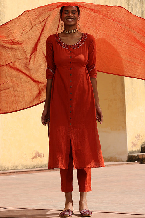 Okhai "Surkh" Hand-Embroidered Mirrorwork and Beadwork Pure Cotton Kurta Pant Set
