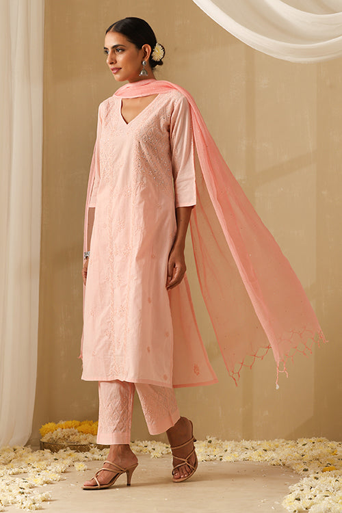 Okhai "Gauhar" Chikankari and Mukaish work Pure Cotton Kurta Pant Set with Dupatta