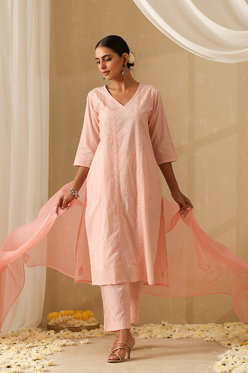 Okhai "Gauhar" Chikankari and Mukaish work Pure Cotton Kurta Pant Set with Dupatta