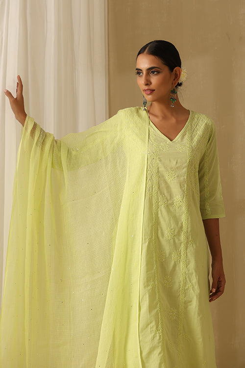 Okhai "Ehsaas" Chikankari and Mukaish work Pure Cotton Kurta Pant Set with Dupatta