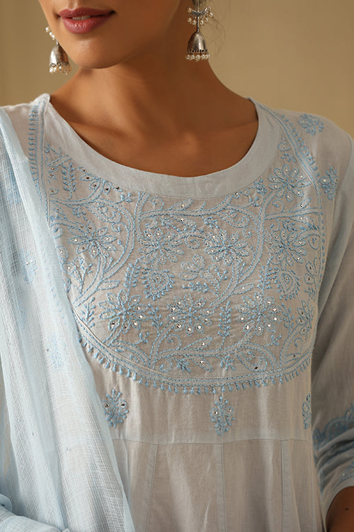 Okhai "Nazm" Chikankari and Mukaish work Pure Cotton Kurta Pant Set with Dupatta