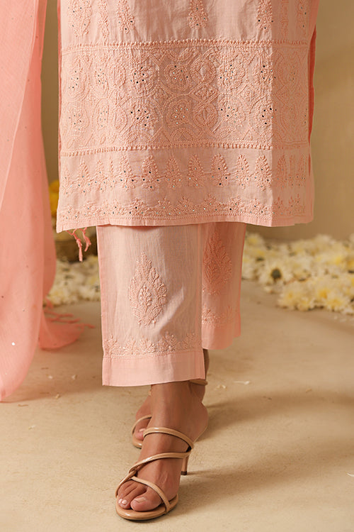 Okhai "Parveen" Chikankari and Mukaish work Pure Cotton Kurta Pant Set with Dupatta