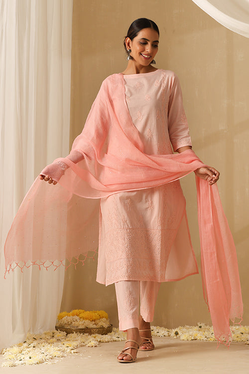 Okhai "Parveen" Chikankari and Mukaish work Pure Cotton Kurta Pant Set with Dupatta