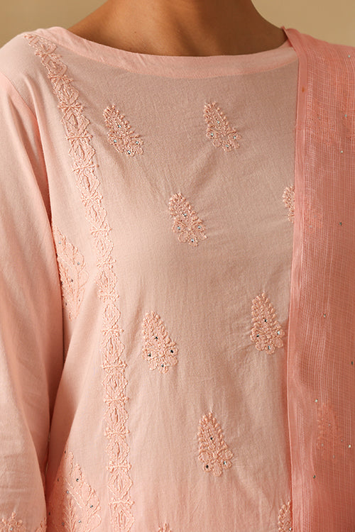 Okhai "Parveen" Chikankari and Mukaish work Pure Cotton Kurta Pant Set with Dupatta