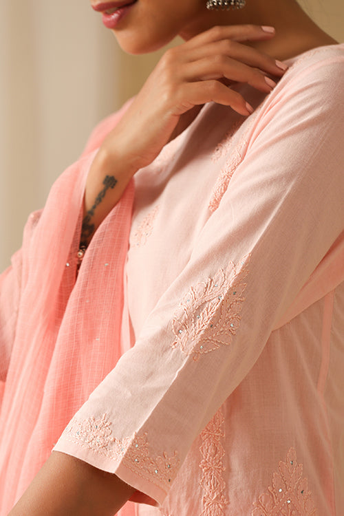 Okhai "Parveen" Chikankari and Mukaish work Pure Cotton Kurta Pant Set with Dupatta
