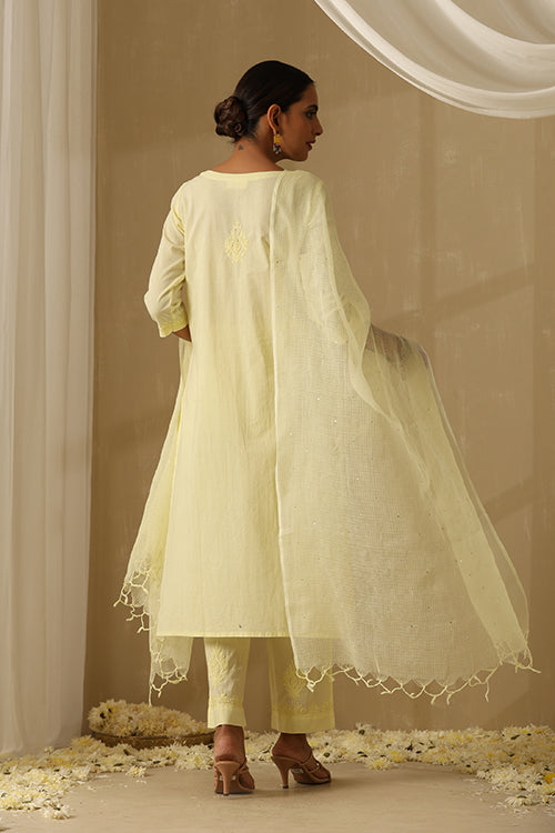 Okhai "Sunhaera" Chikankari and Mukaish work Pure Cotton Kurta Pant Set with Dupatta