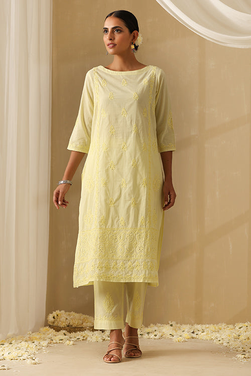 Okhai "Sunhaera" Chikankari and Mukaish work Pure Cotton Kurta Pant Set with Dupatta