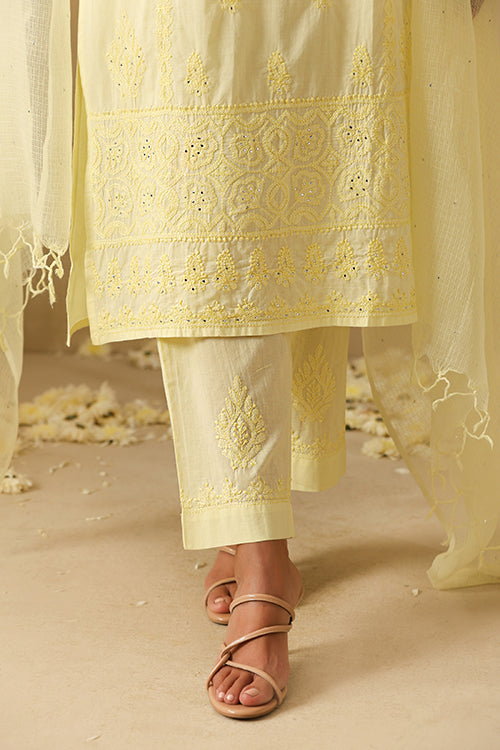 Okhai "Sunhaera" Chikankari and Mukaish work Pure Cotton Kurta Pant Set with Dupatta