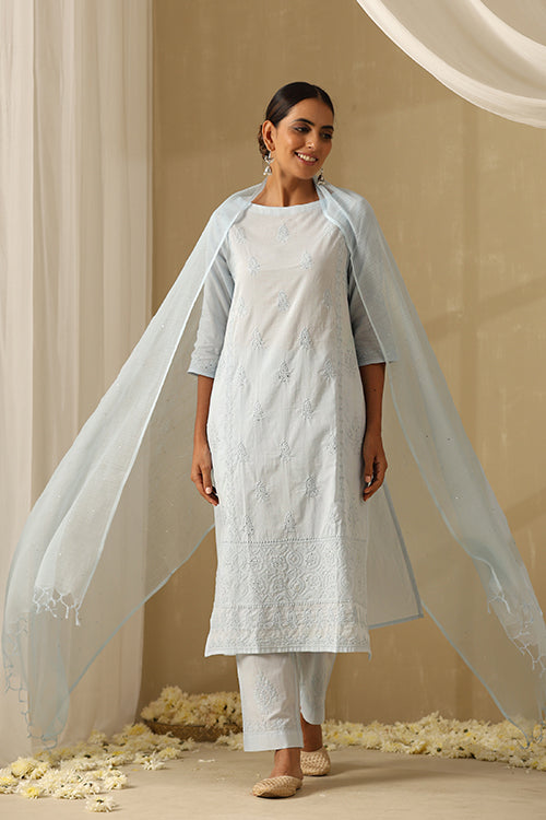 cotton chikankari dress for women House Of Kari(Chikankari Clothing) - Hand embroidery Chikankari V neck Anarkali Dress