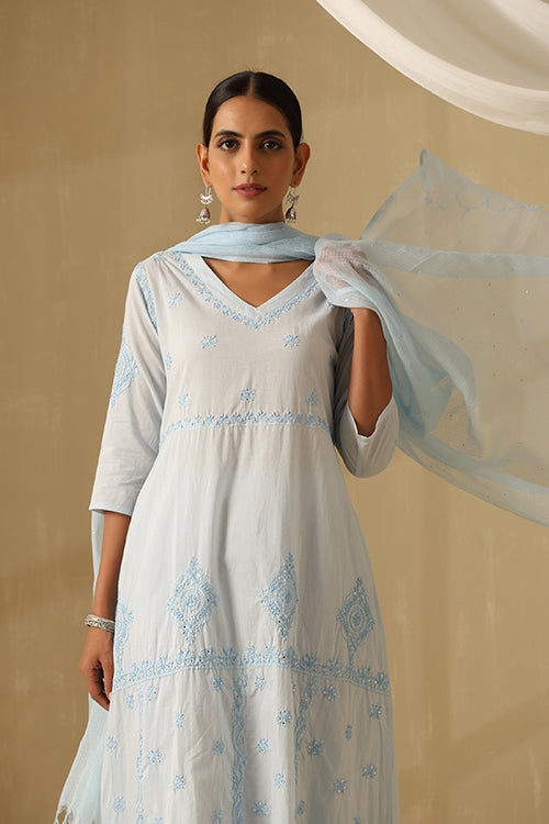 Okhai "Kashish" Chikankari and Mukaish work Pure Cotton Kurta Pant Set with Dupatta