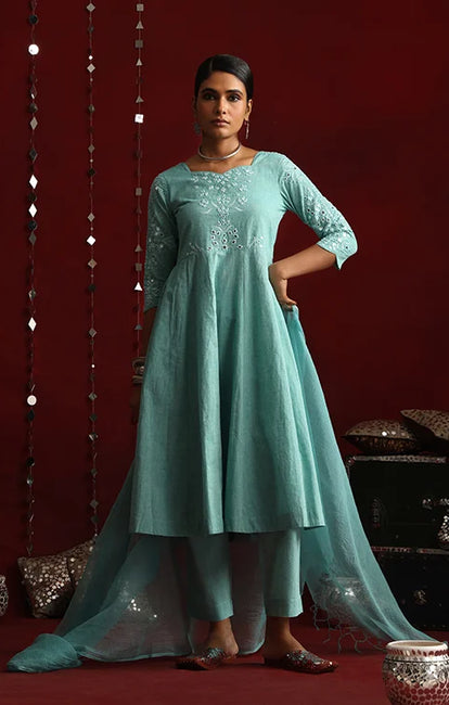 Okhai "Moonlit" Hand-Embroidered Pure Cotton Kurta Pant Set with Dupatta