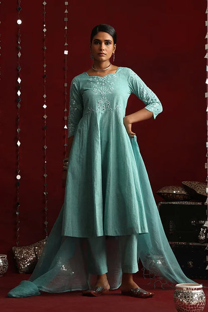 Okhai "Moonlit" Hand-Embroidered Pure Cotton Kurta Pant Set with Dupatta