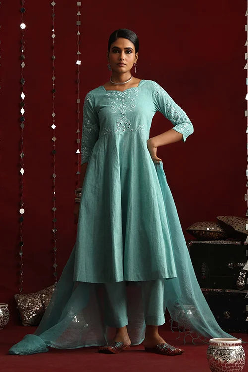 Okhai "Moonlit" Hand-Embroidered Pure Cotton Kurta Pant Set with Dupatta
