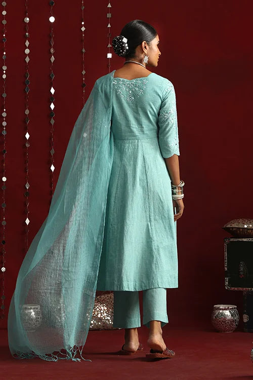 Okhai "Moonlit" Hand-Embroidered Pure Cotton Kurta Pant Set with Dupatta