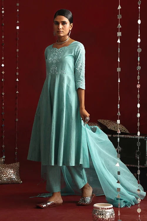 Okhai "Moonlit" Hand-Embroidered Pure Cotton Kurta Pant Set with Dupatta