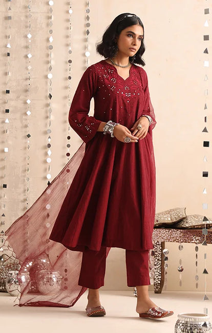 Okhai "Heritage" Hand-Embroidered Pure Cotton Kurta Pant Set with Dupatta
