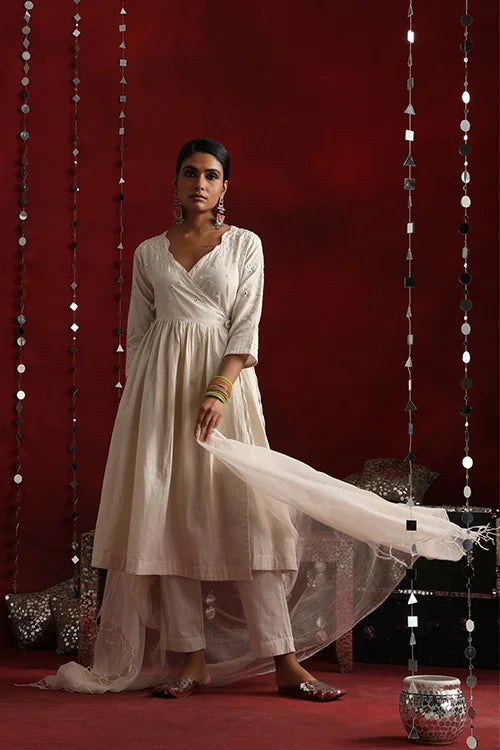 Okhai "Ivory" Hand-Embroidered Off White Pure Cotton Kurta Pant Set with Dupatta