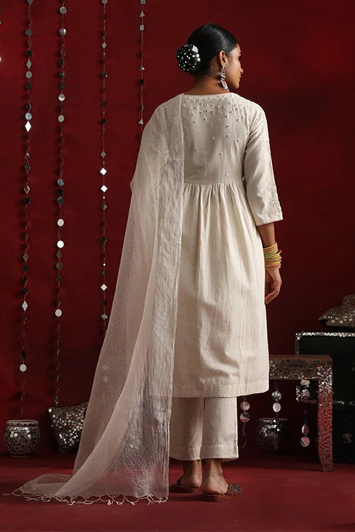 Okhai "Ivory" Hand-Embroidered Off White Pure Cotton Kurta Pant Set with Dupatta