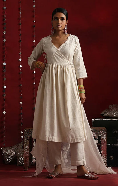Okhai "Ivory" Hand-Embroidered Off White Pure Cotton Kurta Pant Set with Dupatta