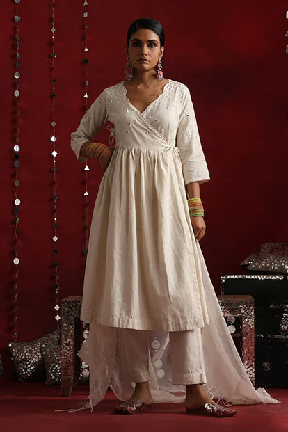 Okhai "Ivory" Hand-Embroidered Off White Pure Cotton Kurta Pant Set with Dupatta