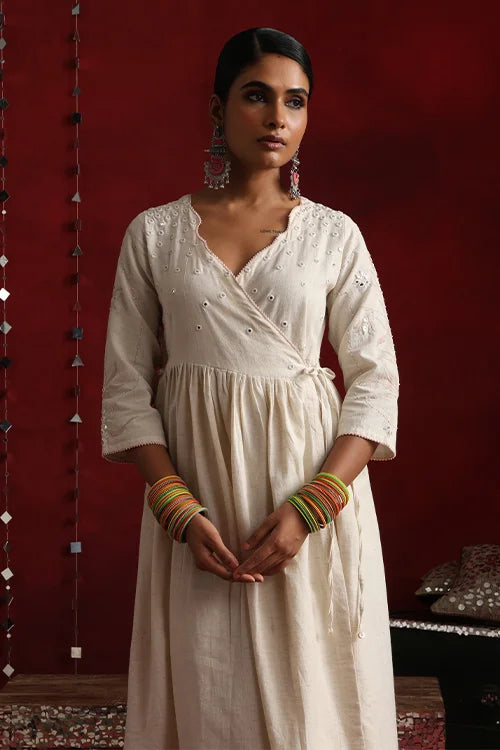 Okhai "Ivory" Hand-Embroidered Off White Pure Cotton Kurta Pant Set with Dupatta