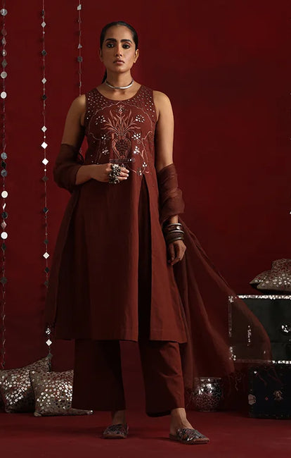 Okhai "Jharokha" Hand-Embroidered Pure Cotton Kurta Pant Set with Dupatta