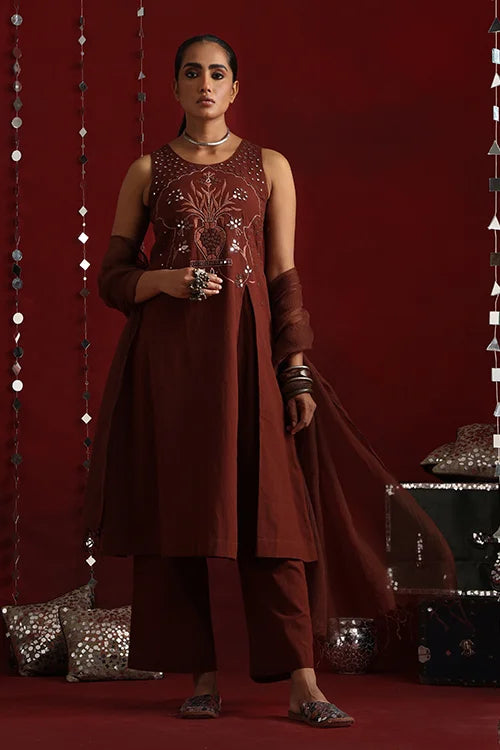 Okhai "Jharokha" Hand-Embroidered Pure Cotton Kurta Pant Set with Dupatta