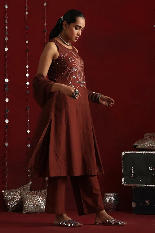 Okhai "Jharokha" Hand-Embroidered Pure Cotton Kurta Pant Set with Dupatta