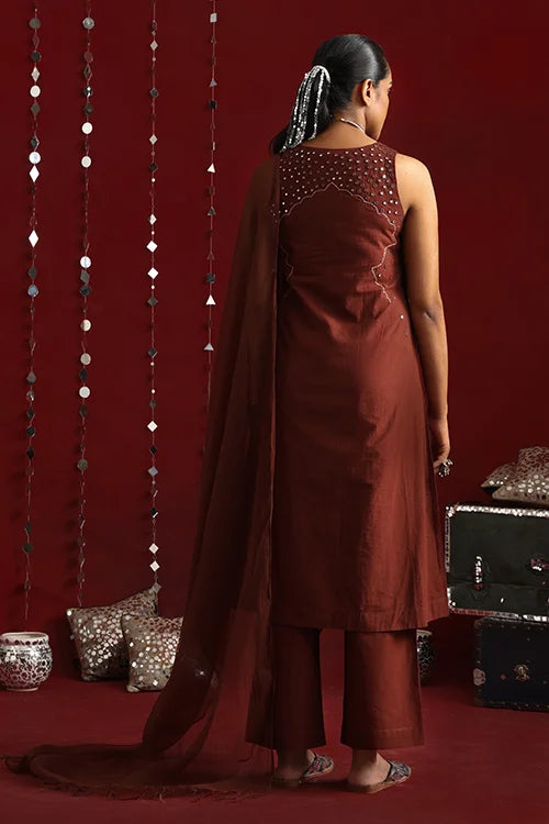 Okhai "Jharokha" Hand-Embroidered Pure Cotton Kurta Pant Set with Dupatta