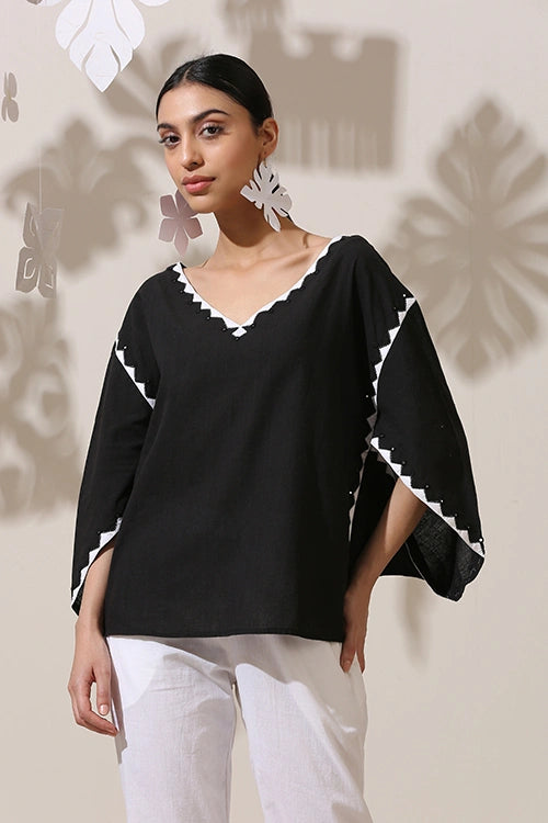 Okhai 'Whimsical Rhythm' Pure Cotton Applique Work Hand Embroidered Mirror Work Top