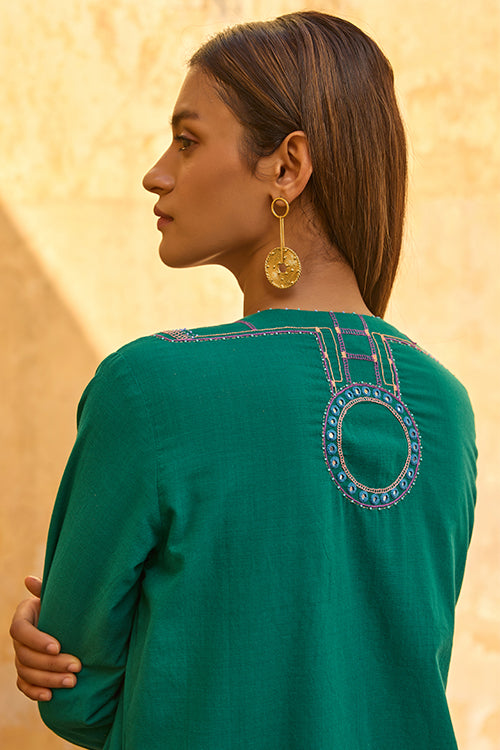 Okhai "Baori" Hand Embroidered Mirror and Beadwork Pure Cotton Long Open Jacket