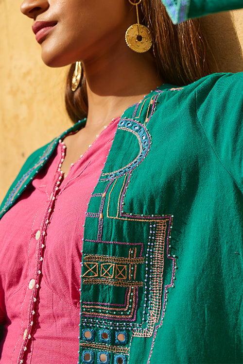 Okhai "Baori" Hand Embroidered Mirror and Beadwork Pure Cotton Long Open Jacket