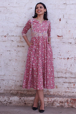 Okhai 'Anarkali' Cotton Hand Block Printed Dress