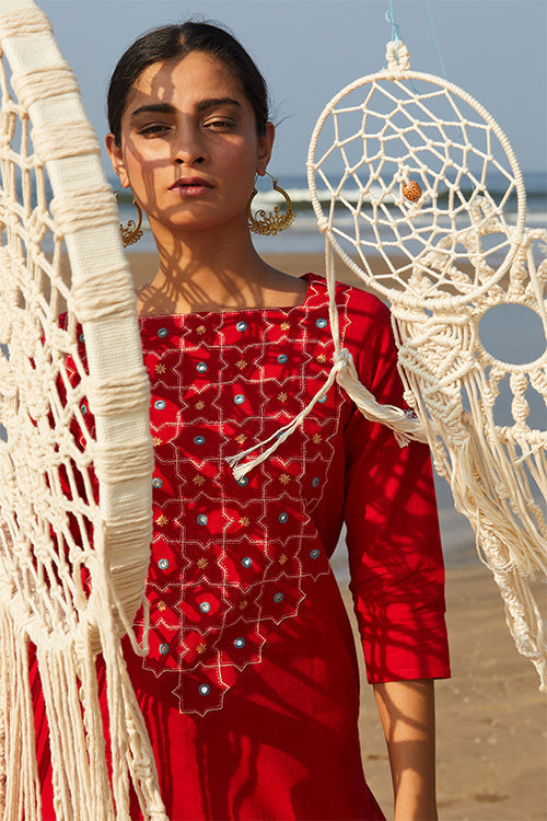 Okhai 'Juliet' Embroidered Mirror Work Cotton Handloom Long Kurta | Rescue