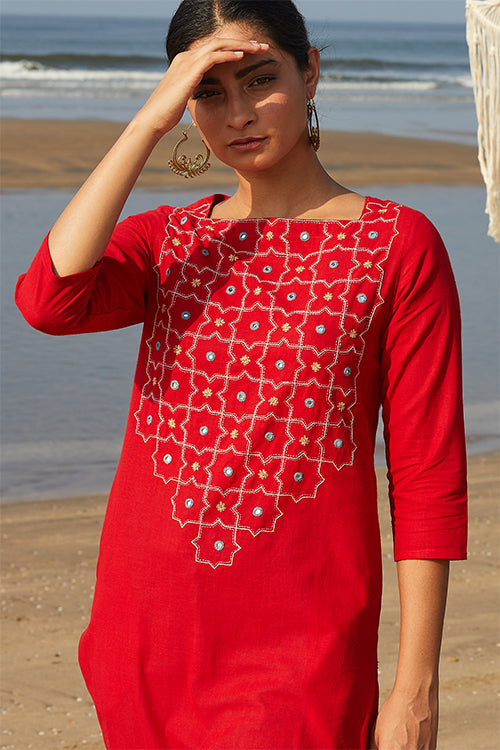 Okhai Juliet Crimson Red Pure Cotton Mirror Work Embroidered Cotton Handloom Kurta Online
