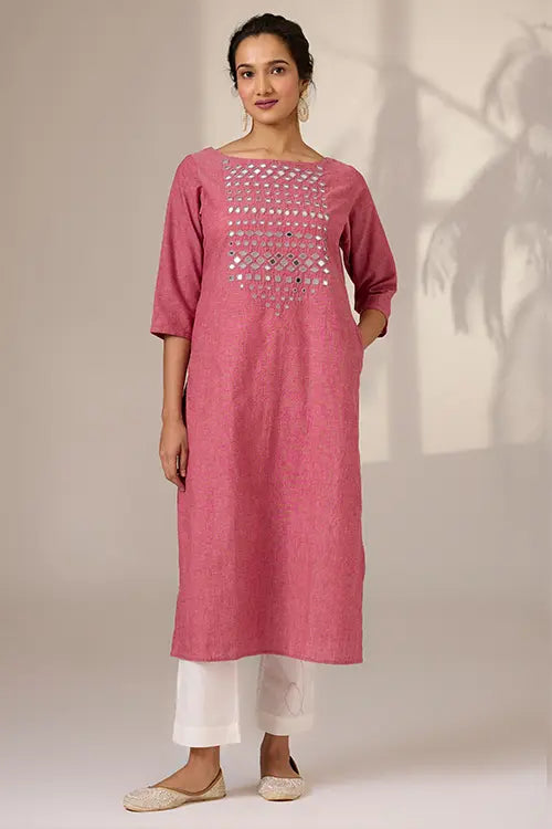 Okhai 'Potpourri' Pure Cotton Hand Embroidered Mirror Work Kurta