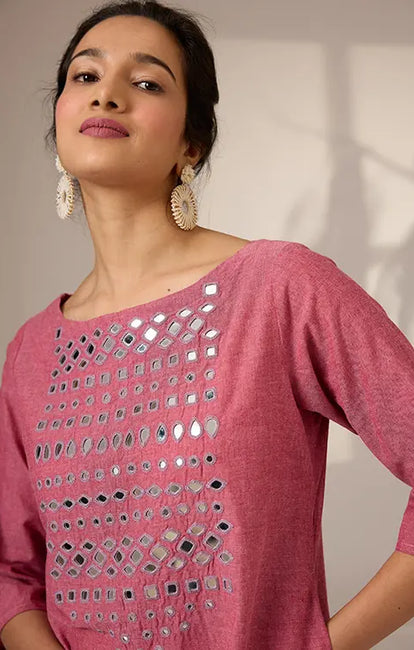 Okhai 'Potpourri' Pure Cotton Hand Embroidered Mirror Work Kurta